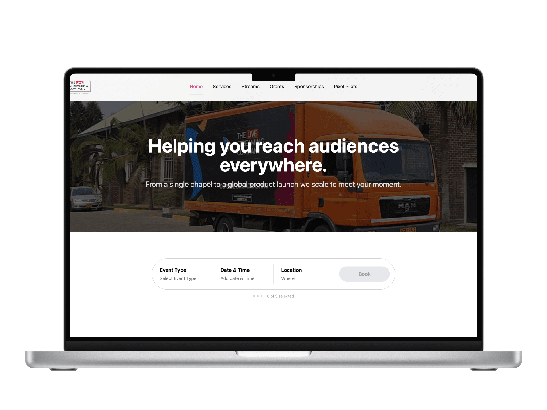 The Live Streaming Company home page shown on a laptop