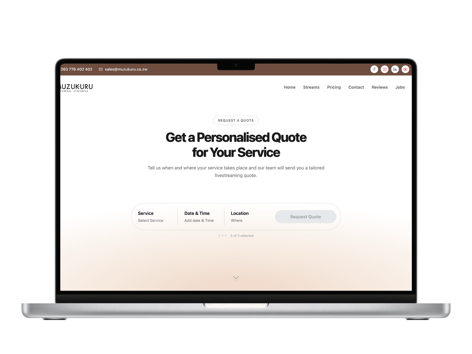 Muzukuru quote request page shown on a laptop